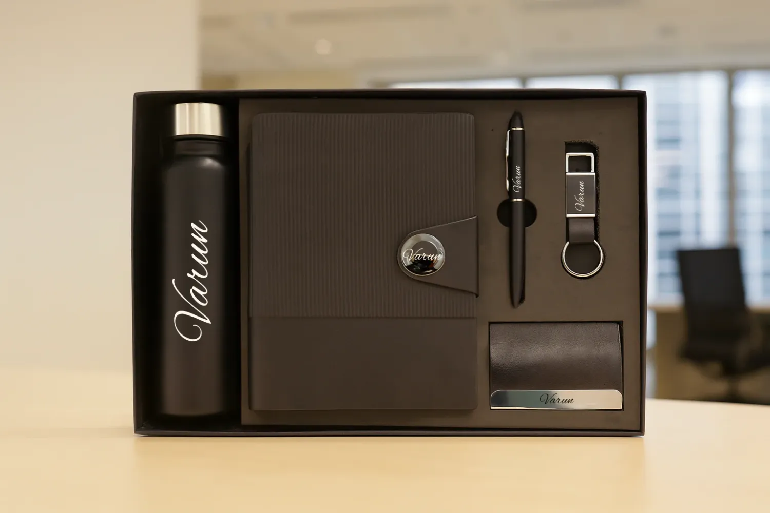 Black Nexon Leather Flip  Dairy Corporate 5pc combo ( Diary, Bottle, Cardholder, Pen &amp; Keychain)