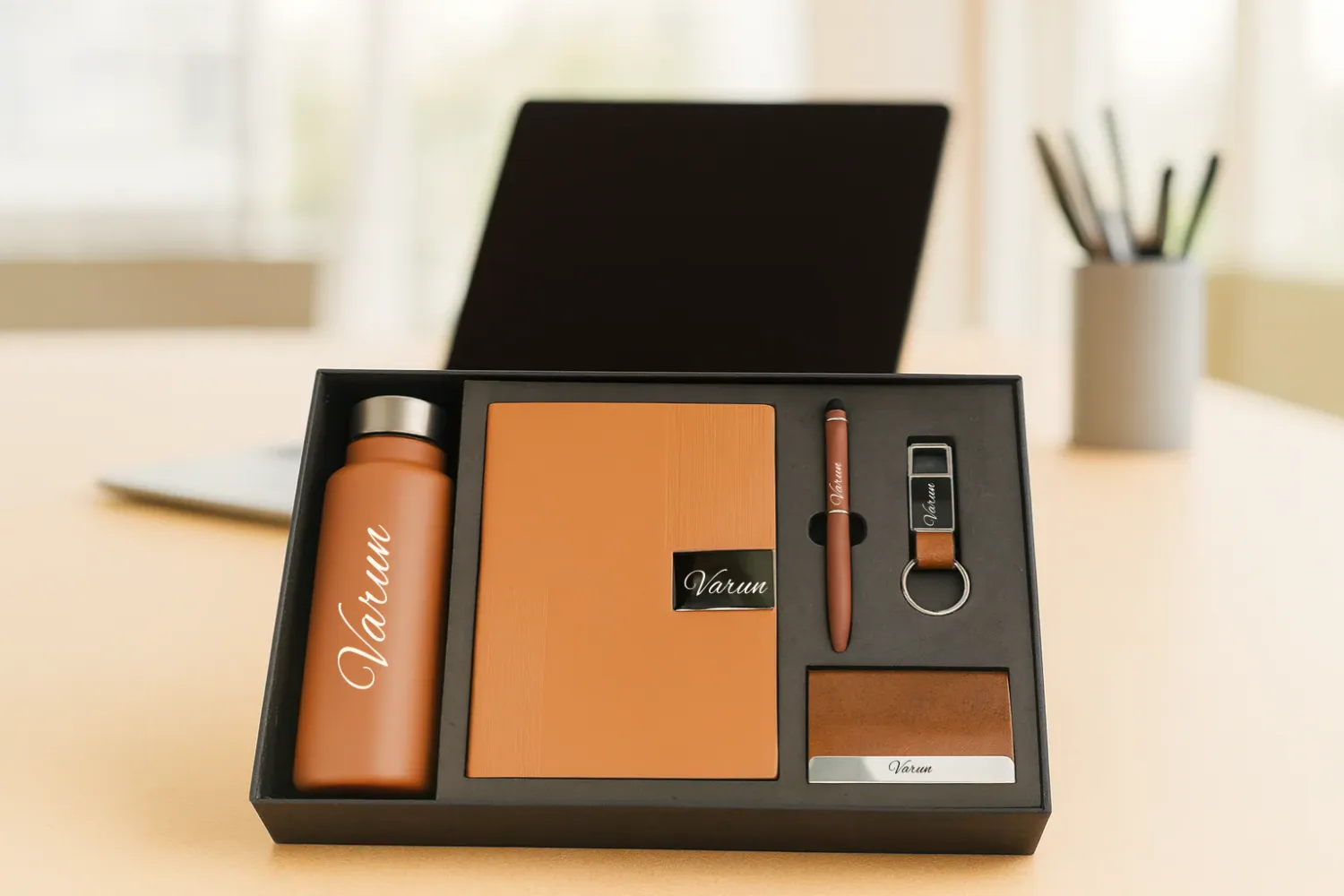 Tan Brown Nexon Leather Dairy Corporate 5pc combo ( Diary, Bottle, Cardholder, Pen &amp; Keychain)