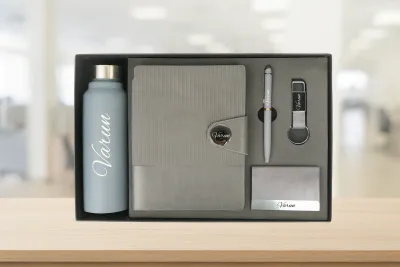 Grey Nexon Leather Flip  Dairy Corporate 5pc combo ( Diary, Bottle, Cardholder, Pen &amp; Keychain)