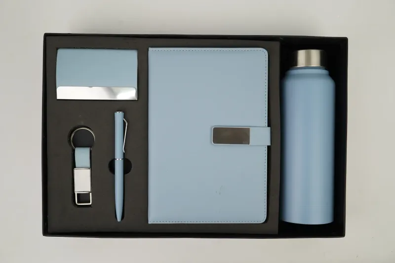 Sky Blue Metal Flip Leather Dairy Corporate 5pc combo ( Diary, Bottle, Cardholder, Pen &amp; Keychain)