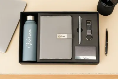 Grey Metal Flip Leather Dairy Corporate 5pc combo ( Diary, Bottle, Cardholder, Pen &amp; Keychain)