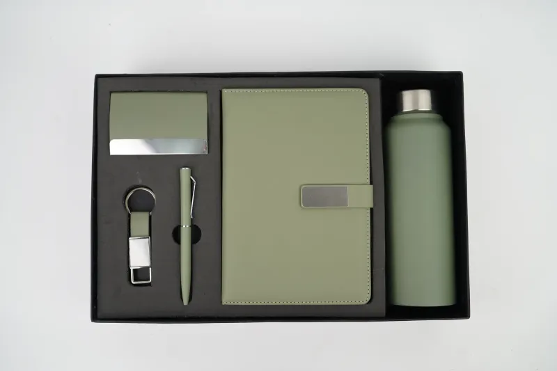 Light Green Metal Flip Leather Dairy Corporate 5pc combo ( Diary, Bottle, Cardholder, Pen &amp; Keychain)