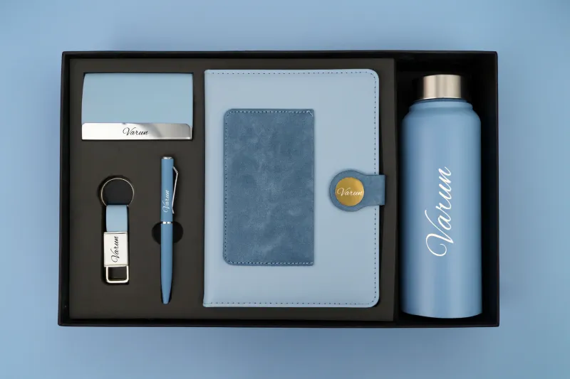 Sky Blue Dual Colour Leather Dairy Corporate 5pc combo ( Diary, Bottle, Cardholder, Pen &amp; Keychain)