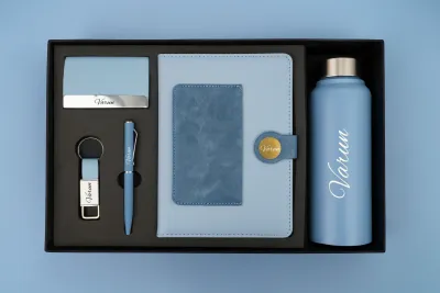 Sky Blue Dual Colour Leather Dairy Corporate 5pc combo ( Diary, Bottle, Cardholder, Pen &amp; Keychain)