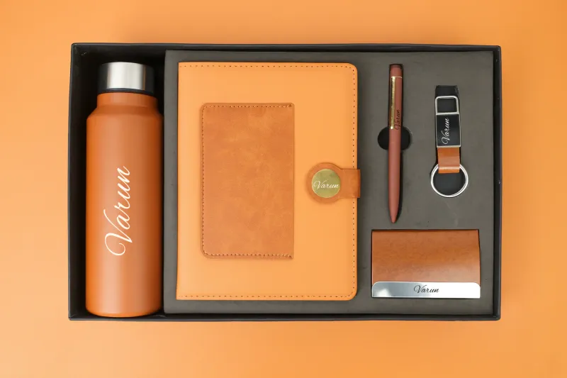 Tan Brown Dual Colour Leather Dairy Corporate 5pc combo ( Diary, Bottle, Cardholder, Pen &amp; Keychain)