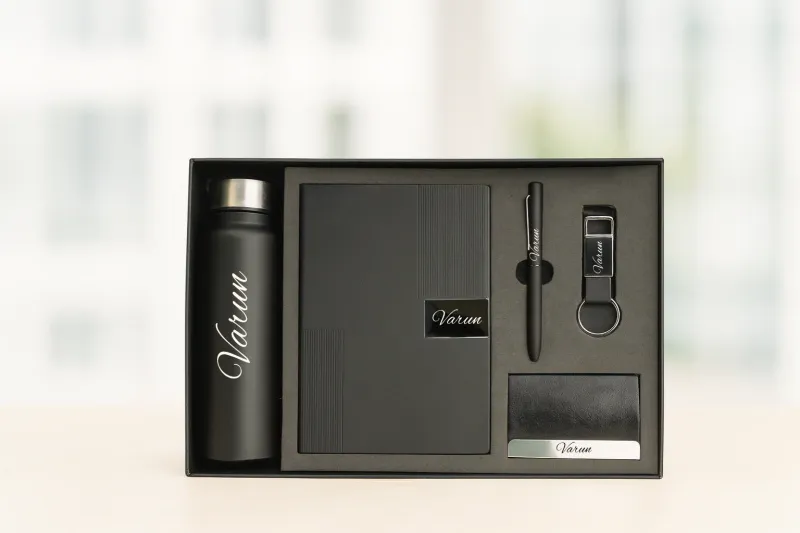 Black Nexon Leather Dairy Corporate 5pc combo ( Diary, Bottle, Cardholder, Pen &amp; Keychain)