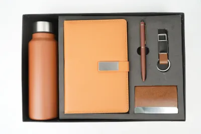 Tan Brown Metal Flip Leather Dairy Corporate 5pc combo ( Diary, Bottle, Cardholder, Pen &amp; Keychain)