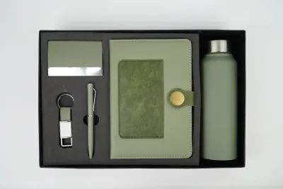 Green Dual Colour Leather Dairy Corporate 5pc combo ( Diary, Bottle, Cardholder, Pen &amp; Keychain)