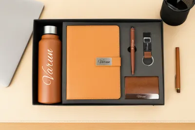 Tan Brown Metal Flip Leather Dairy Corporate 5pc combo ( Diary, Bottle, Cardholder, Pen &amp; Keychain)