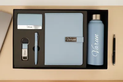 Sky Blue Metal Flip Leather Dairy Corporate 5pc combo ( Diary, Bottle, Cardholder, Pen &amp; Keychain)