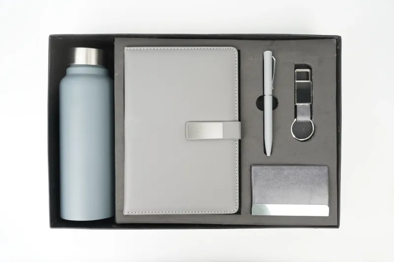 Grey Metal Flip Leather Dairy Corporate 5pc combo ( Diary, Bottle, Cardholder, Pen &amp; Keychain)