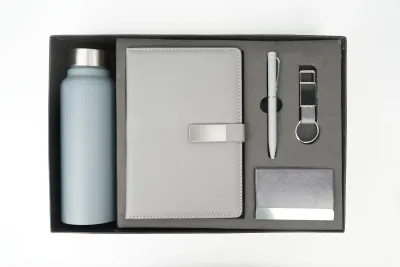 Grey Metal Flip Leather Dairy Corporate 5pc combo ( Diary, Bottle, Cardholder, Pen &amp; Keychain)