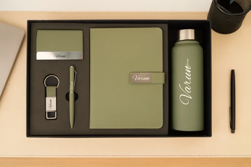 Light Green Metal Flip Leather Dairy Corporate 5pc combo ( Diary, Bottle, Cardholder, Pen &amp; Keychain)