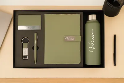 Light Green Metal Flip Leather Dairy Corporate 5pc combo ( Diary, Bottle, Cardholder, Pen &amp; Keychain)