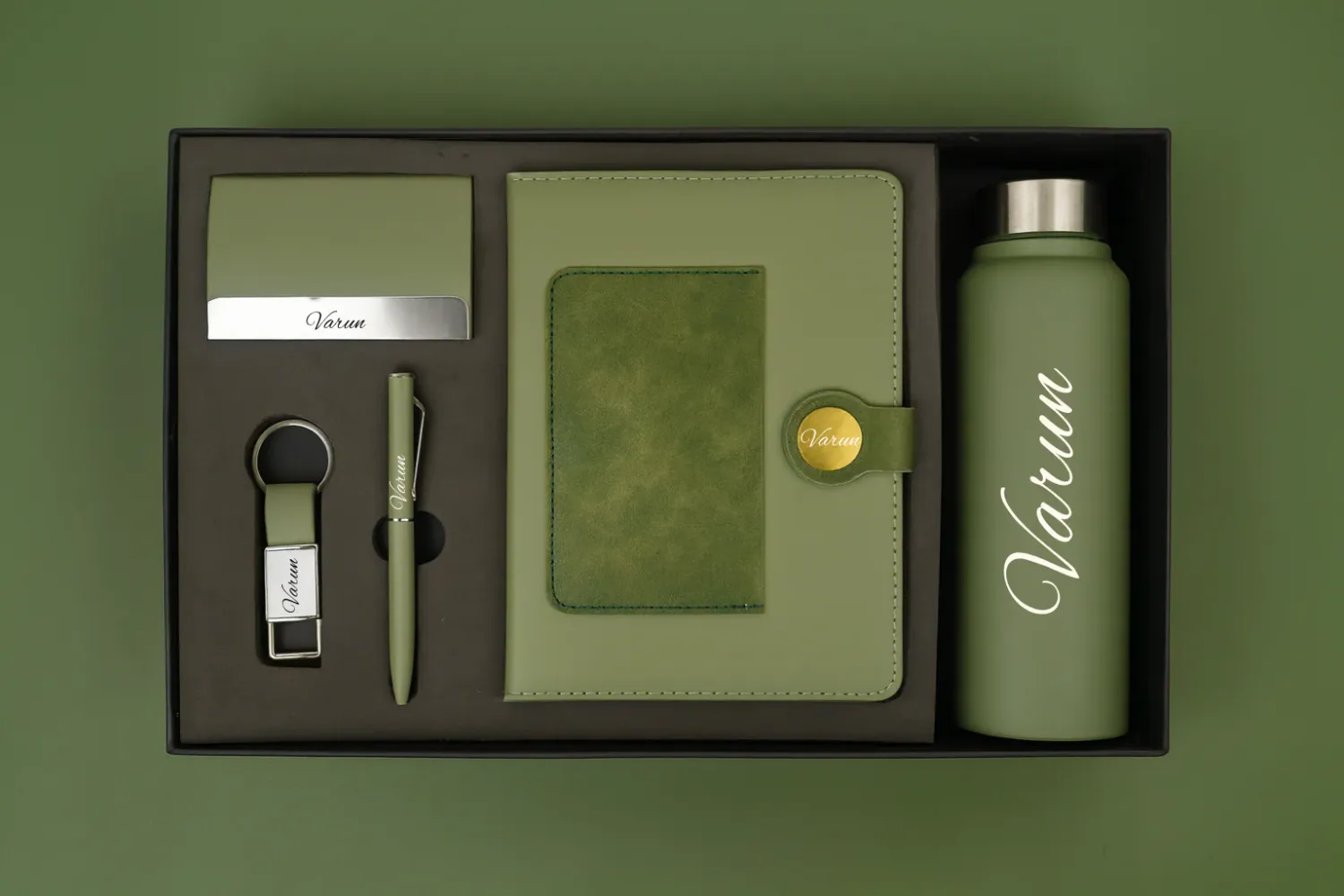 Green Dual Colour Leather Dairy Corporate 5pc combo ( Diary, Bottle, Cardholder, Pen &amp; Keychain)