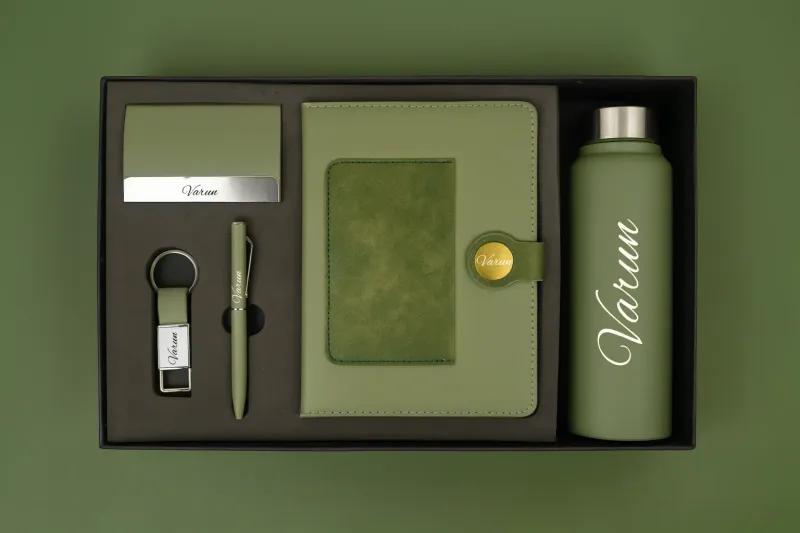 Green Dual Colour Leather Dairy Corporate 5pc combo ( Diary, Bottle, Cardholder, Pen &amp; Keychain)
