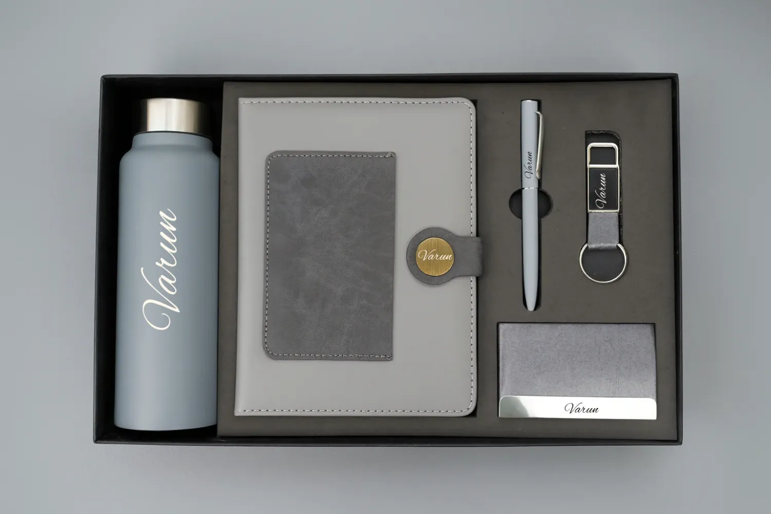 Grey Dual Colour Leather Dairy Corporate 5pc combo ( Diary, Bottle, Cardholder, Pen &amp; Keychain)