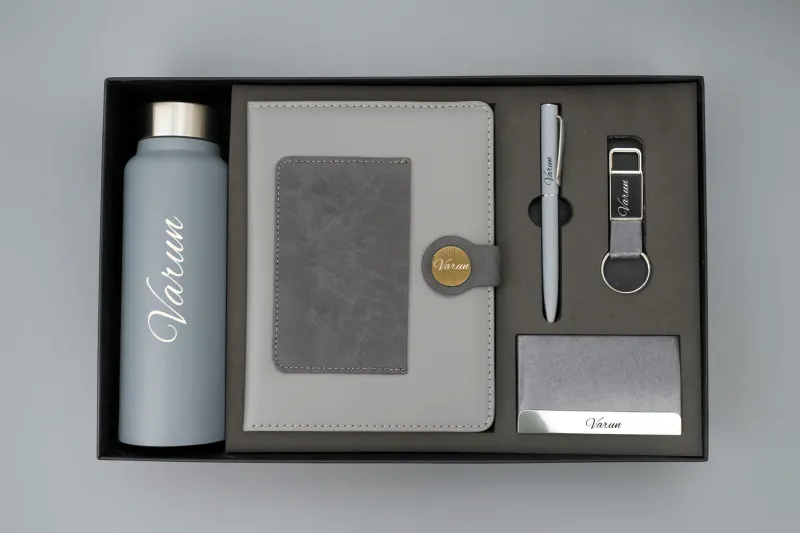 Grey Dual Colour Leather Dairy Corporate 5pc combo ( Diary, Bottle, Cardholder, Pen &amp; Keychain)