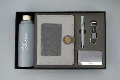 Grey Dual Colour Leather Dairy Corporate 5pc combo ( Diary, Bottle, Cardholder, Pen &amp; Keychain)