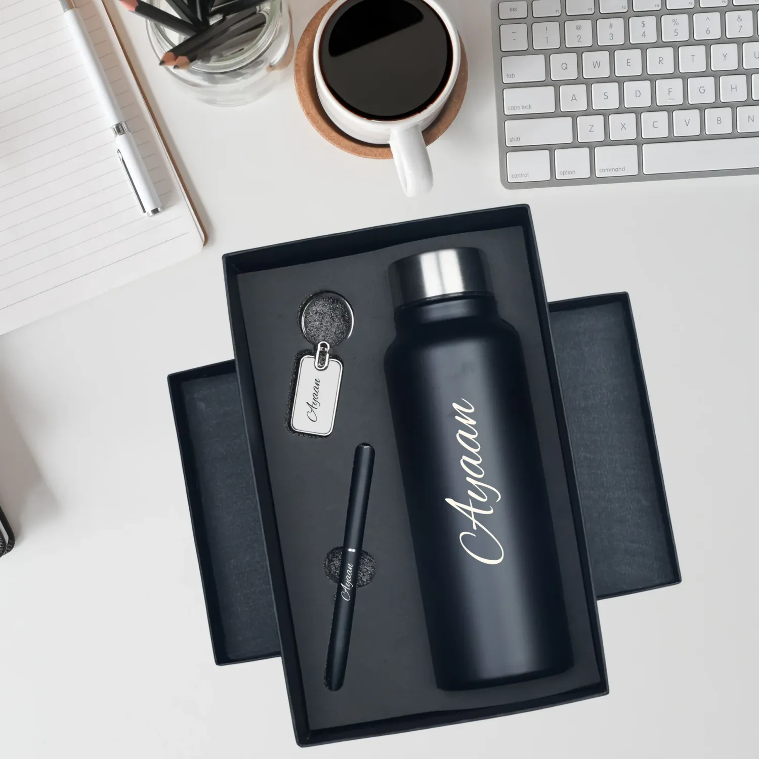 Personalized Black Bottle, Pen &amp; Keychain Combo