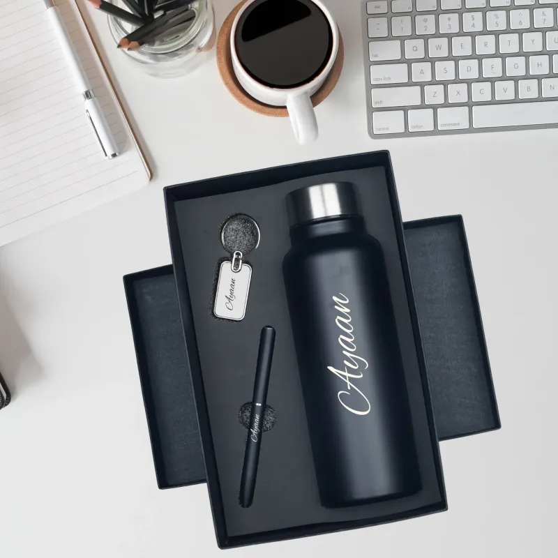 Personalized Black Bottle, Pen &amp; Keychain Combo