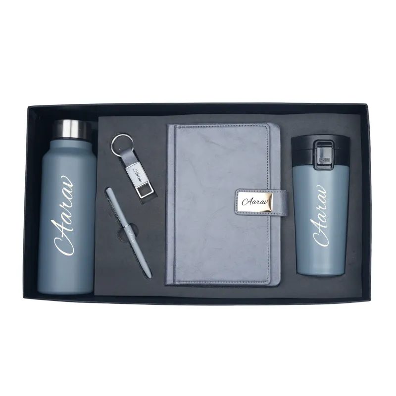 Grey Executive Personalized Corporate Combo (5in1) - Bottle, Flask, Diary, Pen and Keychain