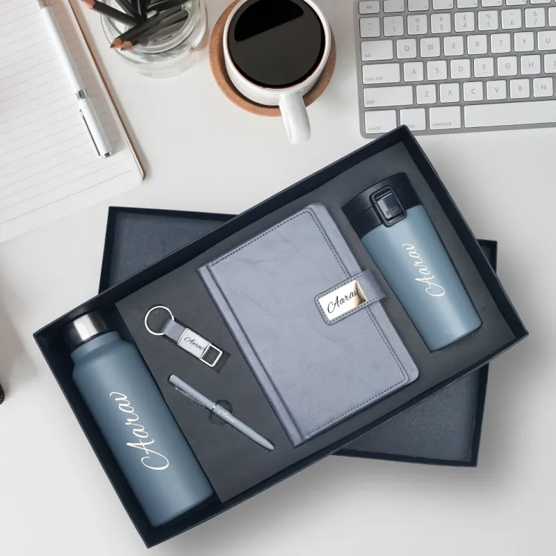 Grey Executive Personalized Corporate Combo (5in1) - Bottle, Flask, Diary, Pen and Keychain