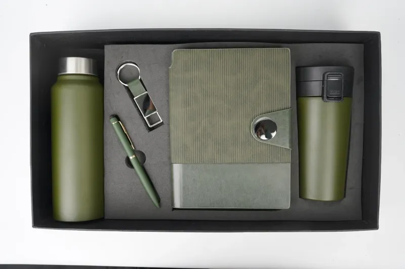 Green Nexon Leather Flip Personalized Corporate Combo (5in1) - Bottle, Flask, Diary, Pen and Keychain