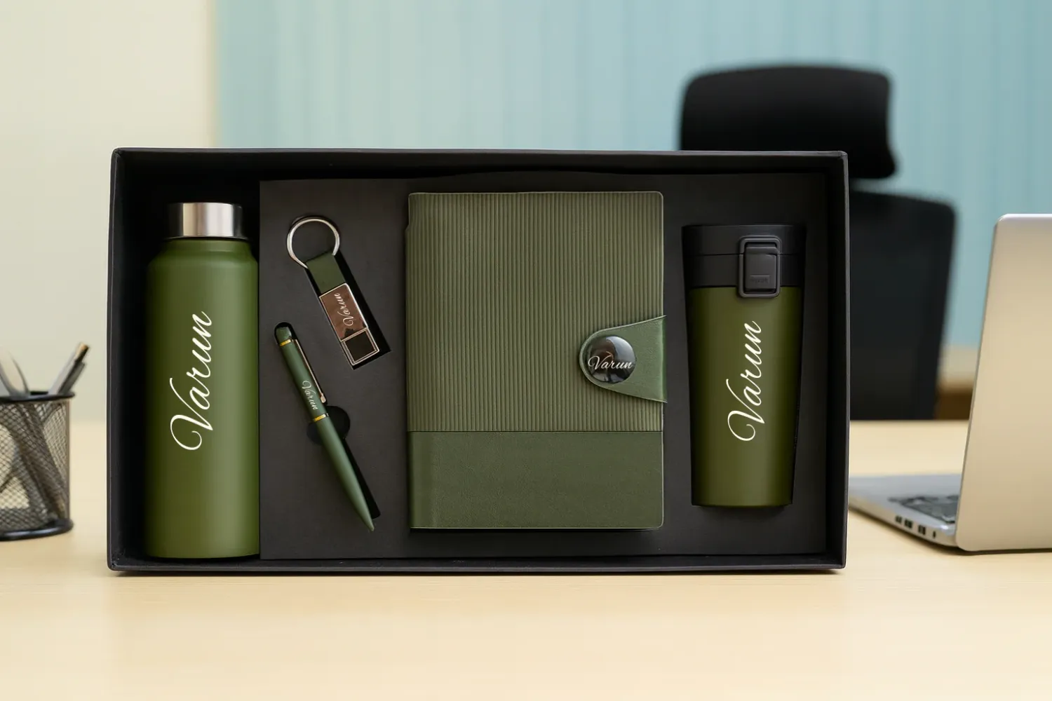 Green Nexon Leather Flip Personalized Corporate Combo (5in1) - Bottle, Flask, Diary, Pen and Keychain