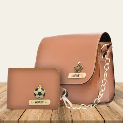 Tan Customized Couple Gift Hamper ( Women's Sling Bag and Men's Wallet) Tan Customized Couple Gift Hamper ( Women's Sling Bag and Men's Wallet)