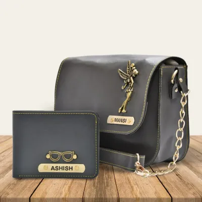 Grey Customized Couple Gift Hamper ( Women's Sling Bag and Men's Wallet) Grey Customized Couple Gift Hamper ( Women's Sling Bag and Men's Wallet)