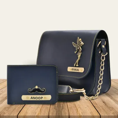 Blue Customized Couple Gift Hamper ( Women's Sling Bag and Men's Wallet) Blue Customized Couple Gift Hamper ( Women's Sling Bag and Men's Wallet)