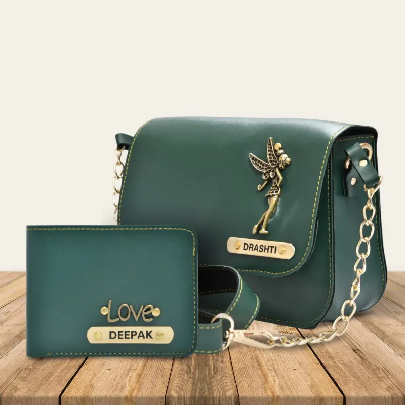 Olive Green Customized Couple Gift Hamper ( Women's Sling Bag and Men's Wallet)