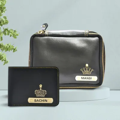 Black Personalized Couple's Combo : Makeup Pouch &amp; Men's Wallet