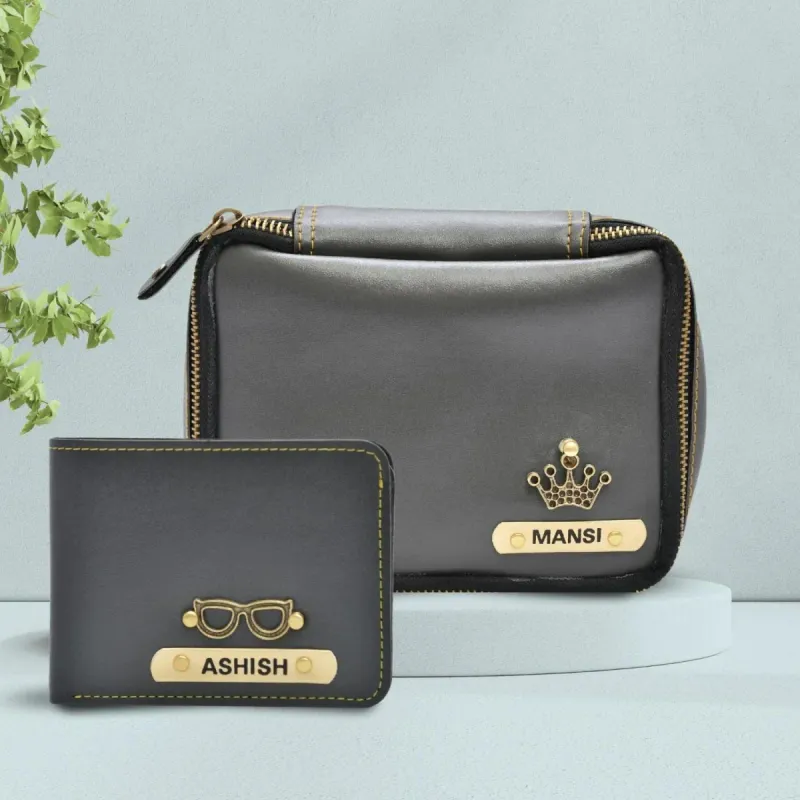Grey Personalized Couple's Combo : Makeup Pouch &amp; Men's Wallet