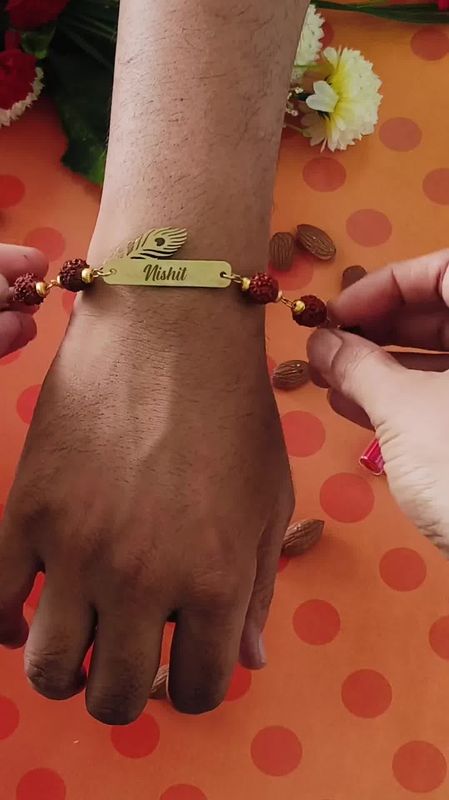 Customised Krishna Morpankh Rakhi with Rudraksha