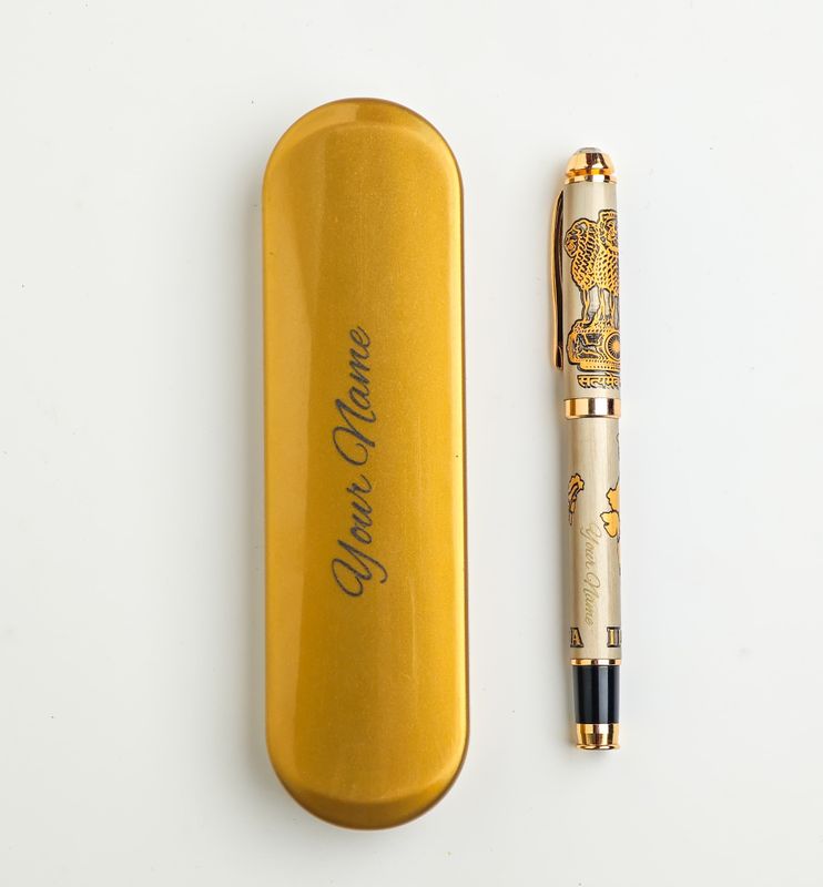 I Love India Pen With Name and Ashok Sthambha Design