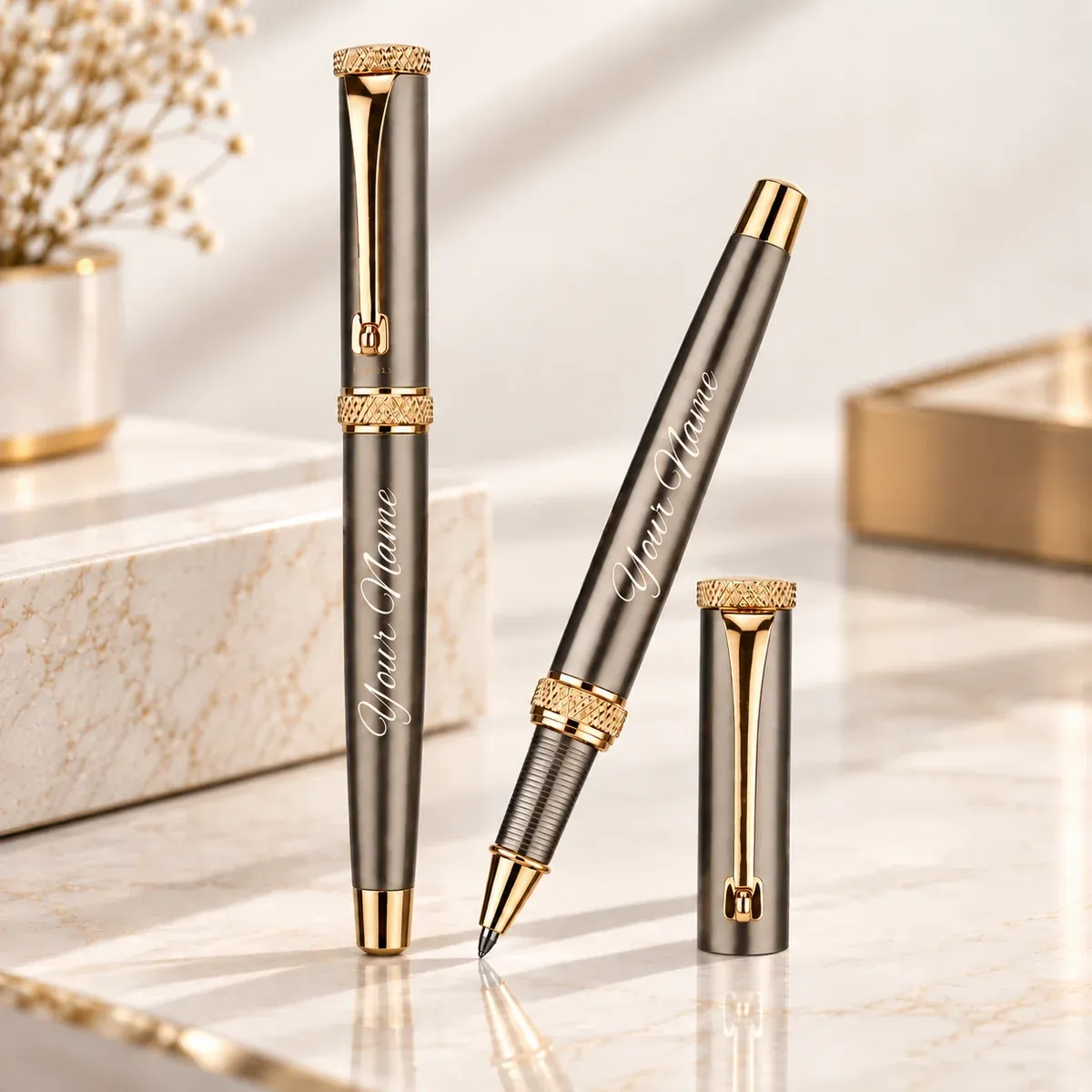 Personalised Crown Roller Pen with Gun Metal Metallic Finish