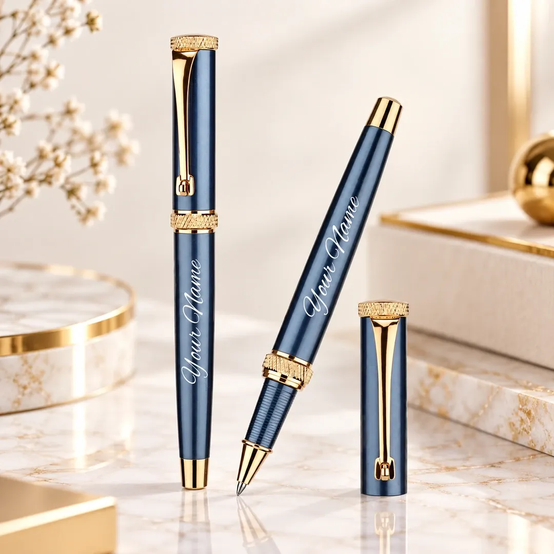 Personalised Crown Roller Pen with Sapphire Blue Metallic