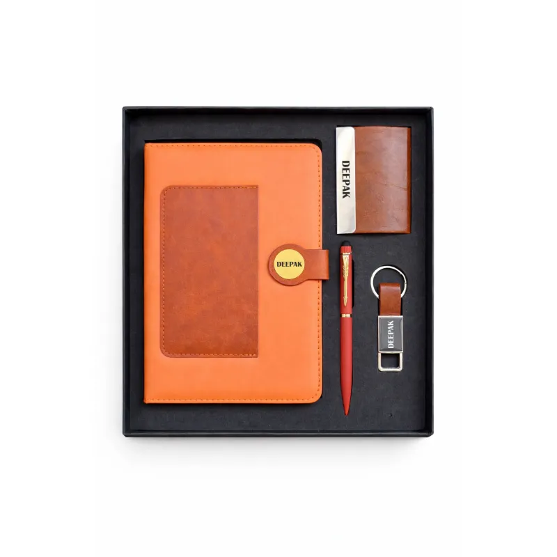 Personalized 4pc Combo with Tan Dual Shade Diary (Diary, Pen, Keychain, Cardholder)