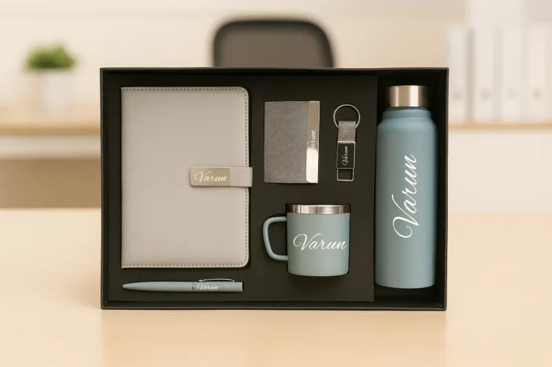 Grey Metal Flip  Diary, Bottle, Mug, Cardholder, Pen &amp; Keychain (Personalized Corporate 6pc Combo)
