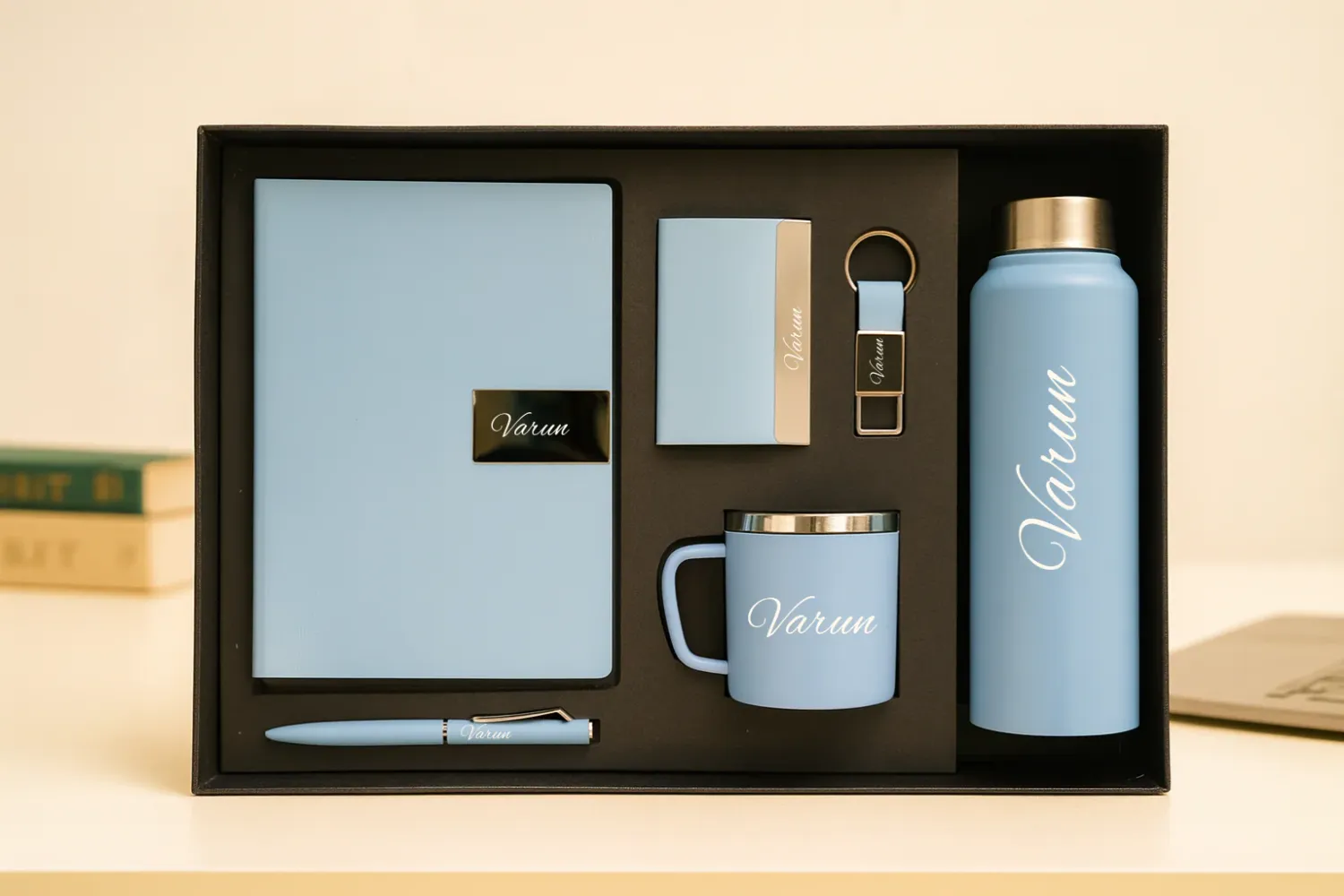 Sky Blue Nexon Leather Diary, Bottle, Mug, Cardholder, Pen &amp; Keychain (Personalized Corporate 6pc Combo)