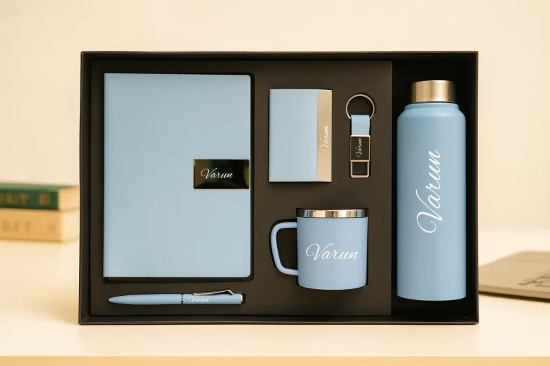Sky Blue Nexon Leather Diary, Bottle, Mug, Cardholder, Pen &amp; Keychain (Personalized Corporate 6pc Combo)