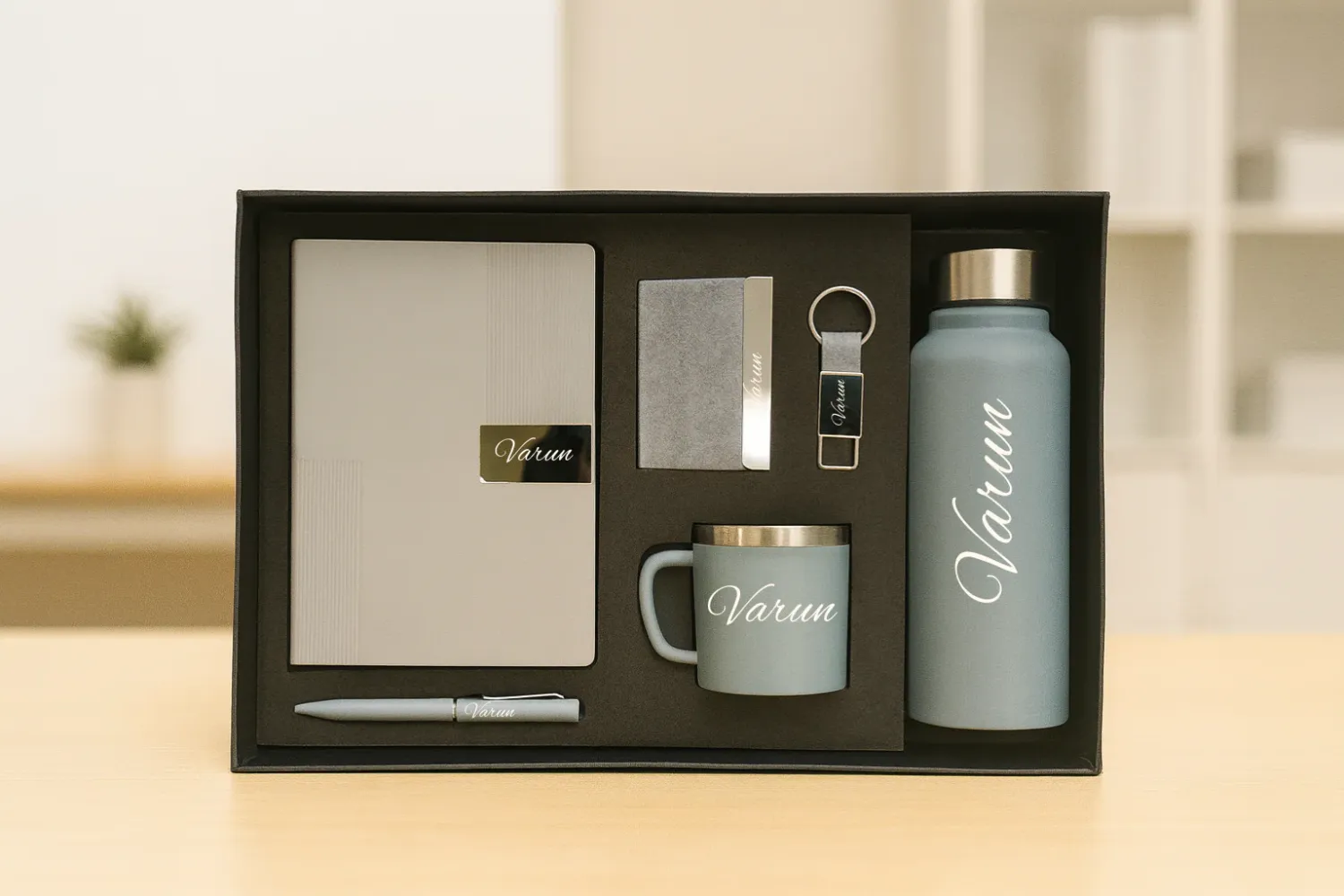 Grey Nexon Leather Diary, Bottle, Mug, Cardholder, Pen &amp; Keychain (Personalized Corporate 6pc Combo)