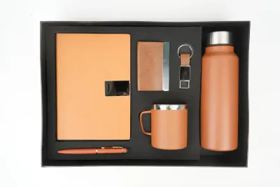 Tan Nexon Leather Diary, Bottle, Mug, Cardholder, Pen &amp; Keychain (Personalized Corporate 6pc Combo)