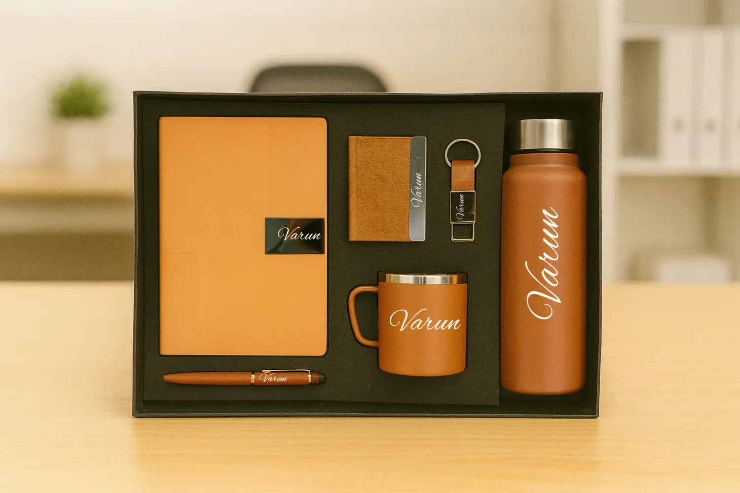 Tan Nexon Leather Diary, Bottle, Mug, Cardholder, Pen &amp; Keychain (Personalized Corporate 6pc Combo)