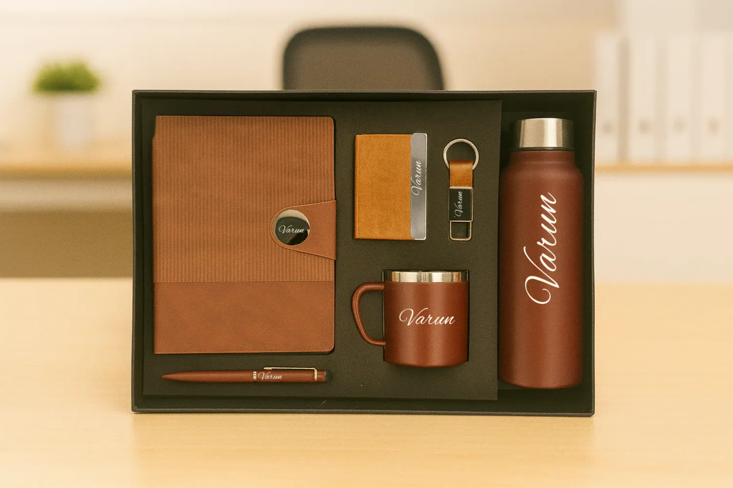Brown Nexon Leather Flip Diary, Bottle, Mug, Cardholder, Pen &amp; Keychain (Personalized Corporate 6pc Combo)