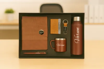 Brown Nexon Leather Flip Diary, Bottle, Mug, Cardholder, Pen &amp; Keychain (Personalized Corporate 6pc Combo)