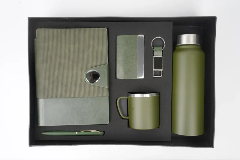 Olive Green Nexon Leather Flip Diary, Bottle, Mug, Cardholder, Pen &amp; Keychain (Personalized Corporate 6pc Combo)