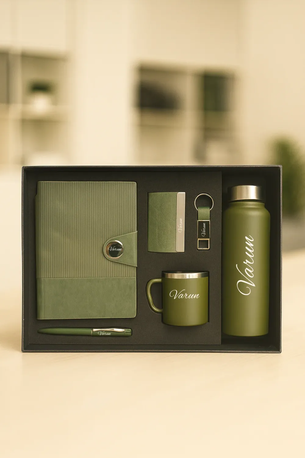 Olive Green Nexon Leather Flip Diary, Bottle, Mug, Cardholder, Pen &amp; Keychain (Personalized Corporate 6pc Combo)